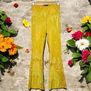 ZARA Textured Paisley Jacquard Knit Groovy High Rise Stretchy Flared Pants NWT